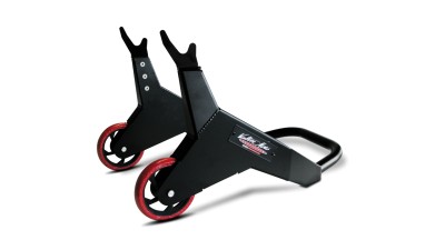 VALTER MOTO "PRO" BOXED FRAME PRONG REAR STAND ALUMINIUM - BLACK WITH RED WHEELS image