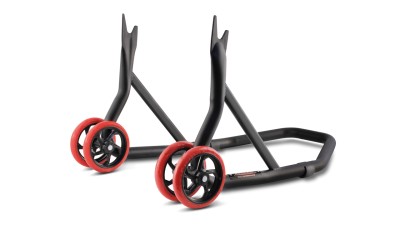 VALTER MOTO "STRONG" REAR PRONG TYPE PADDOCK STAND IN BLACK WITH RED WHEELS image