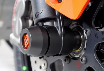 1 PAIR GSG FRONT AXLE SLIDERS KTM 1290 SUPERDUKE 2014 ON - 33E-34E-254-E  - ORANGE INSERT image